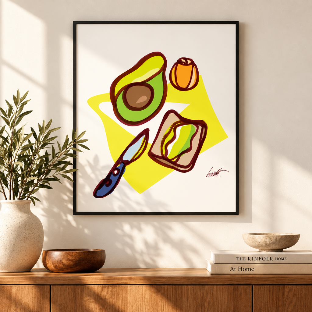 Avocado Toast fine art print above a wood console