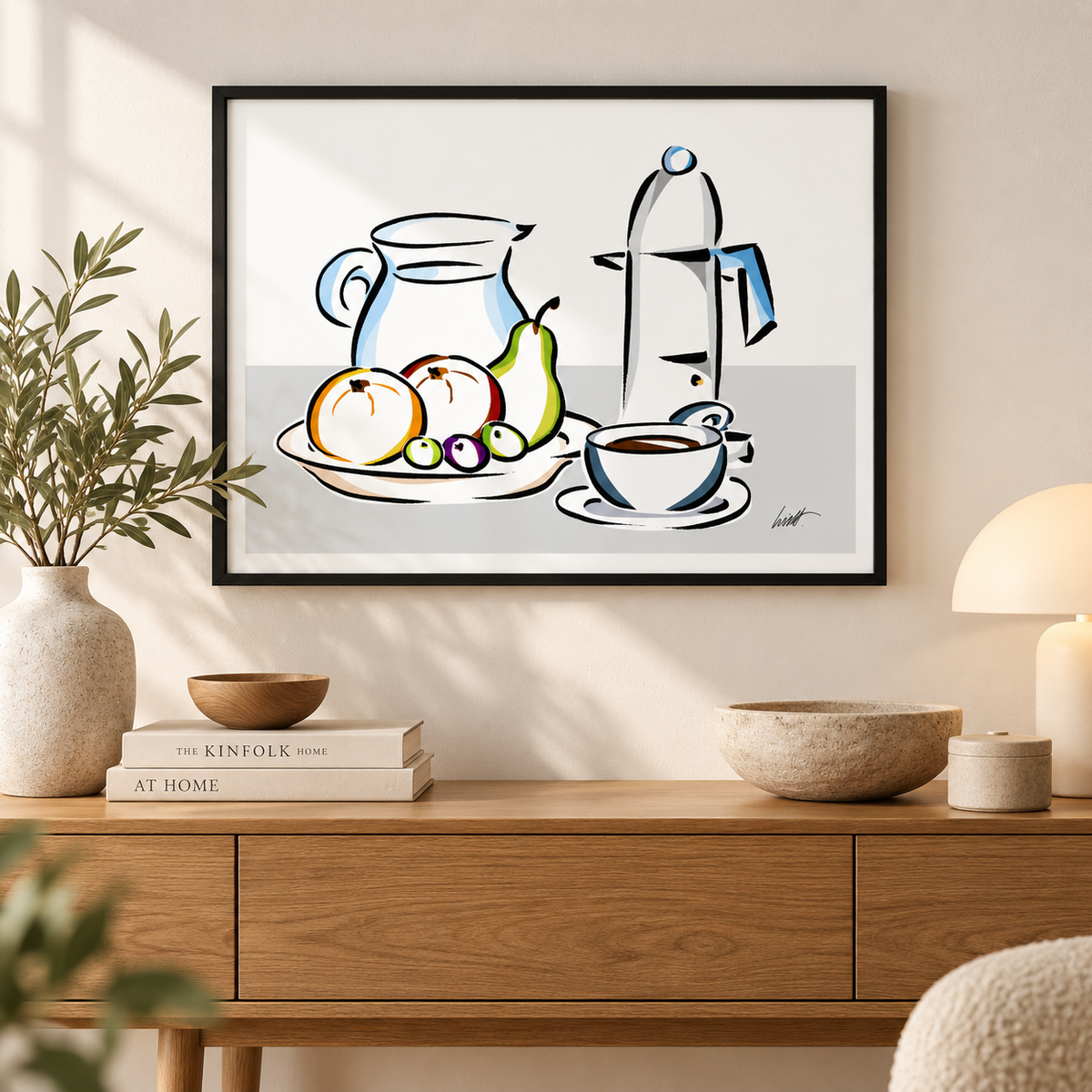 Breakfast Still Life fine art print above a wood console