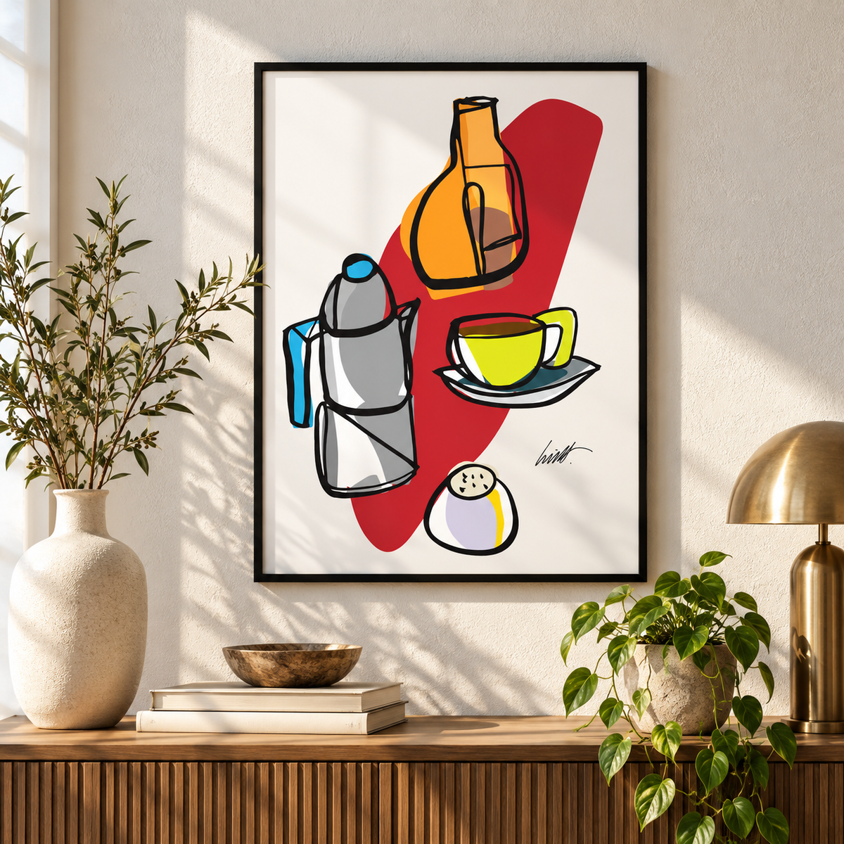 Coffee Still Life fine art print above a wood console