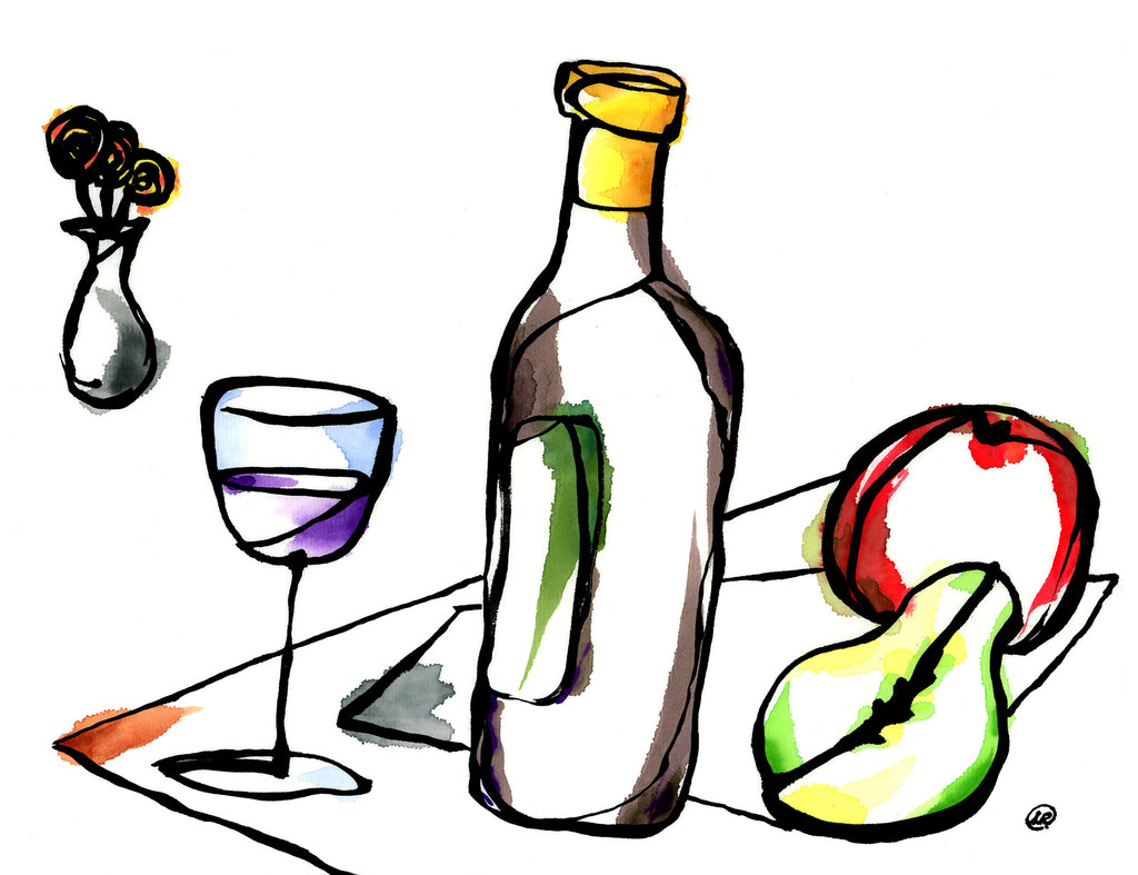 Still life with bottle, pear and apple by Lino Ribolla