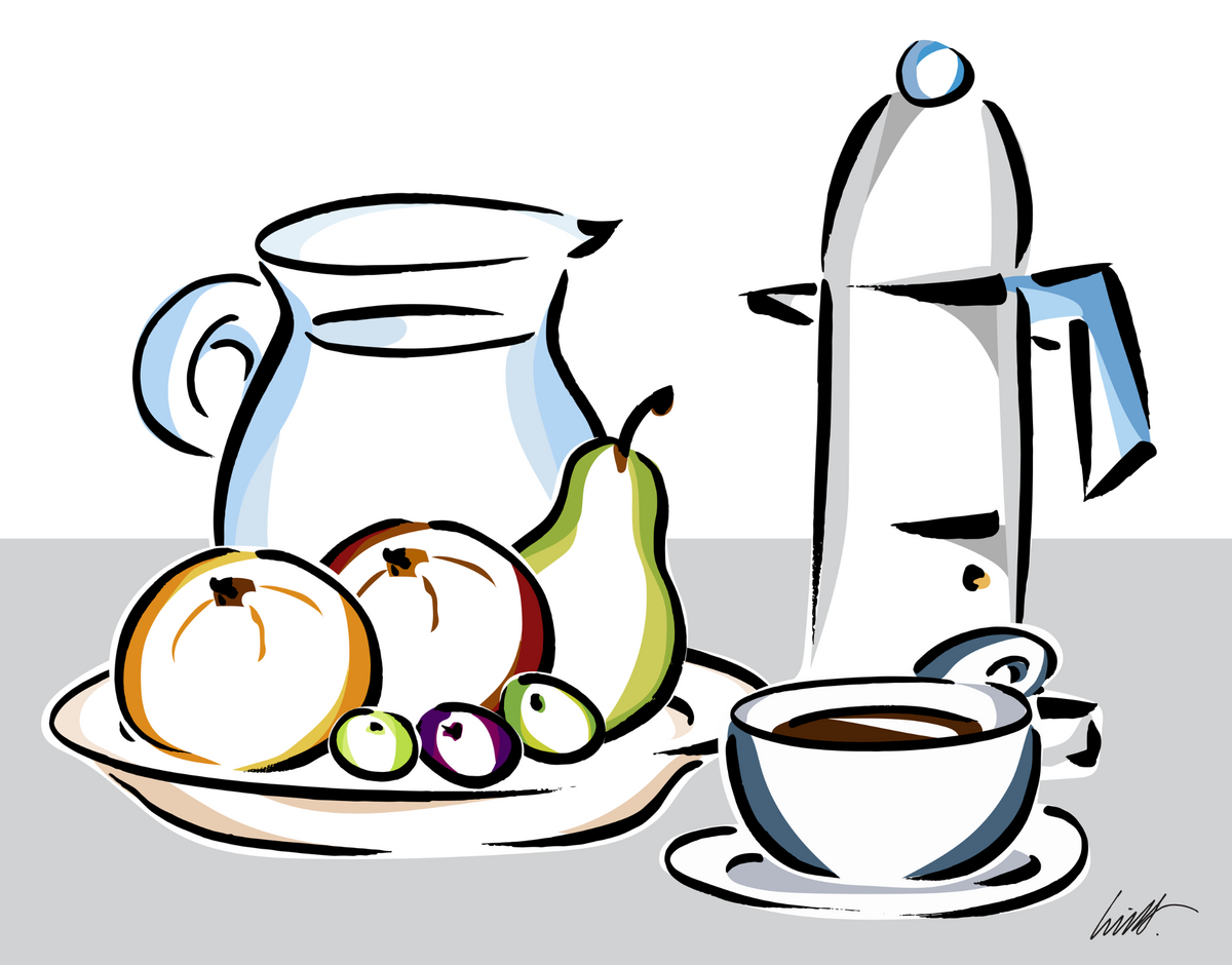 Breakfast still life with coffee, fruit, and coffee maker by Lino Ribolla
