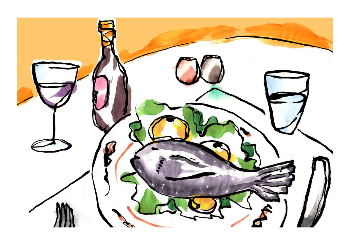 Fish dinner artwork by Lino Ribolla