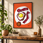 Egg and Bacon fine art print above a wood console