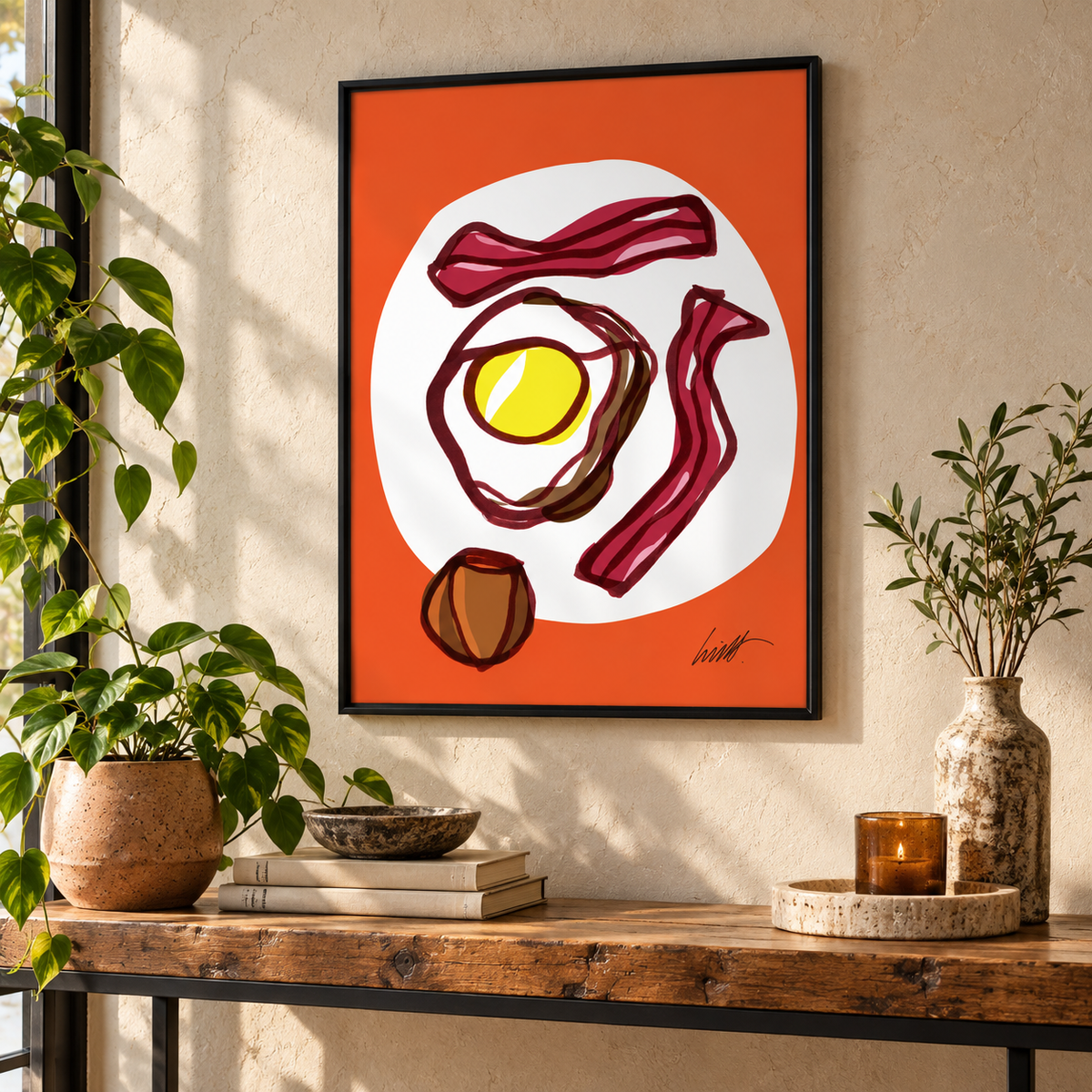 Egg and Bacon fine art print above a wood console