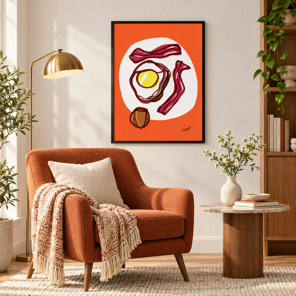 Egg and Bacon fine art print in a warm reading nook with lounge chair