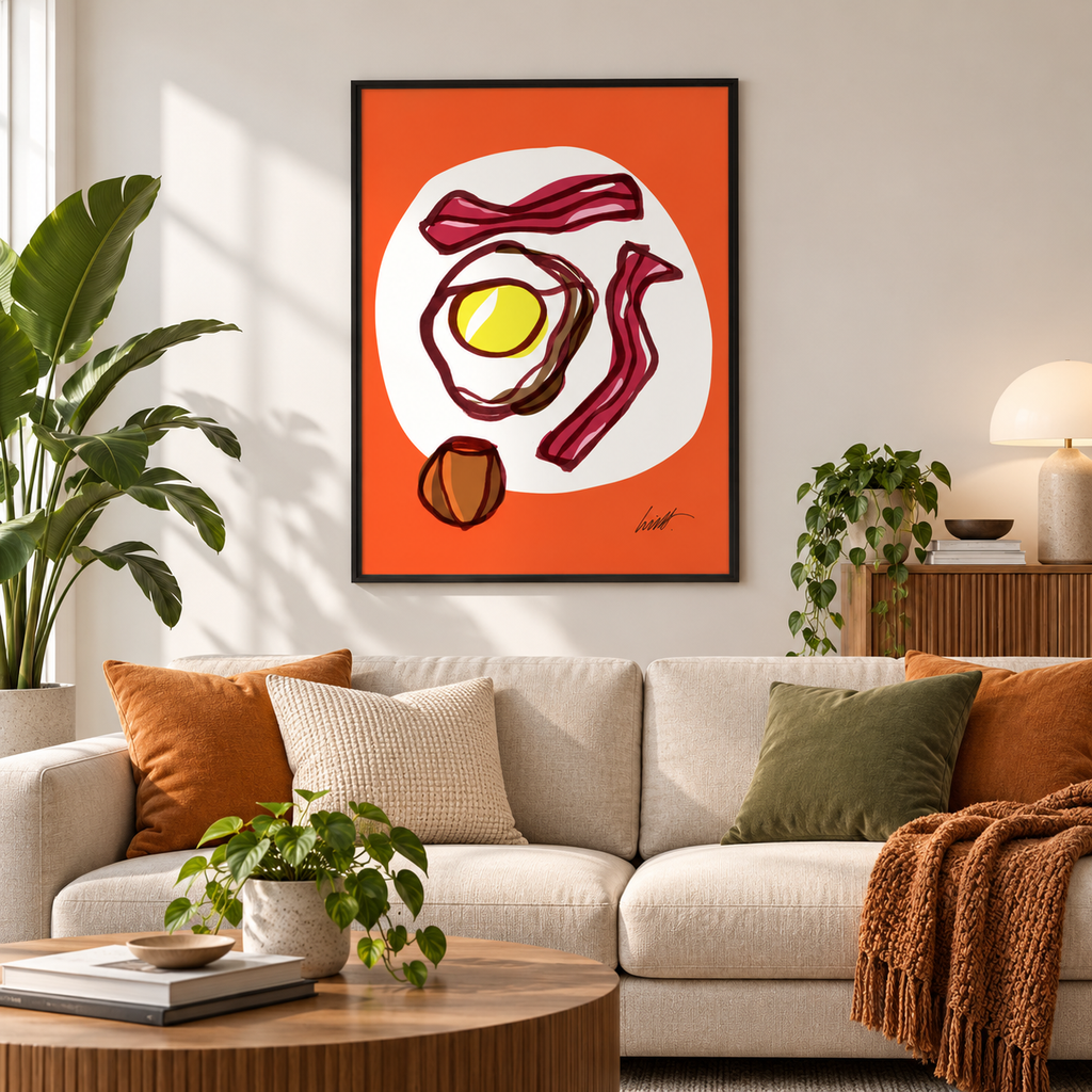 Egg and Bacon fine art print in a modern living room