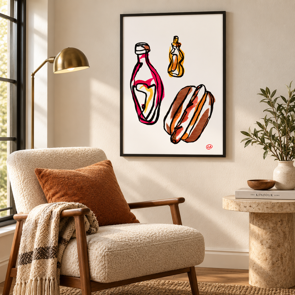 Hot Dogs fine art print in a reading nook