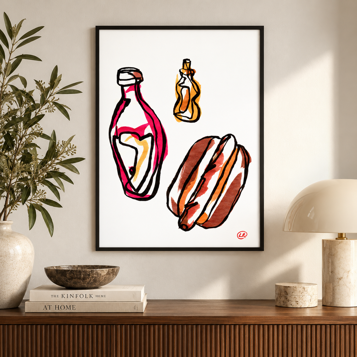 Hot Dogs fine art print above a wood console