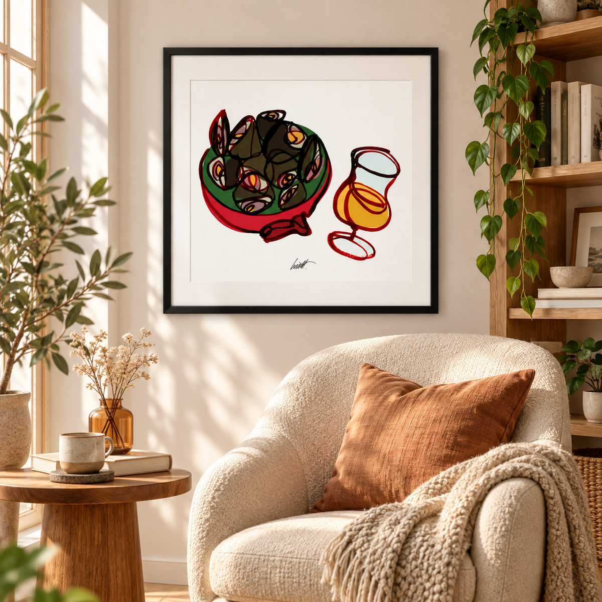 Mussels and Belgian Beer fine art print in a reading nook