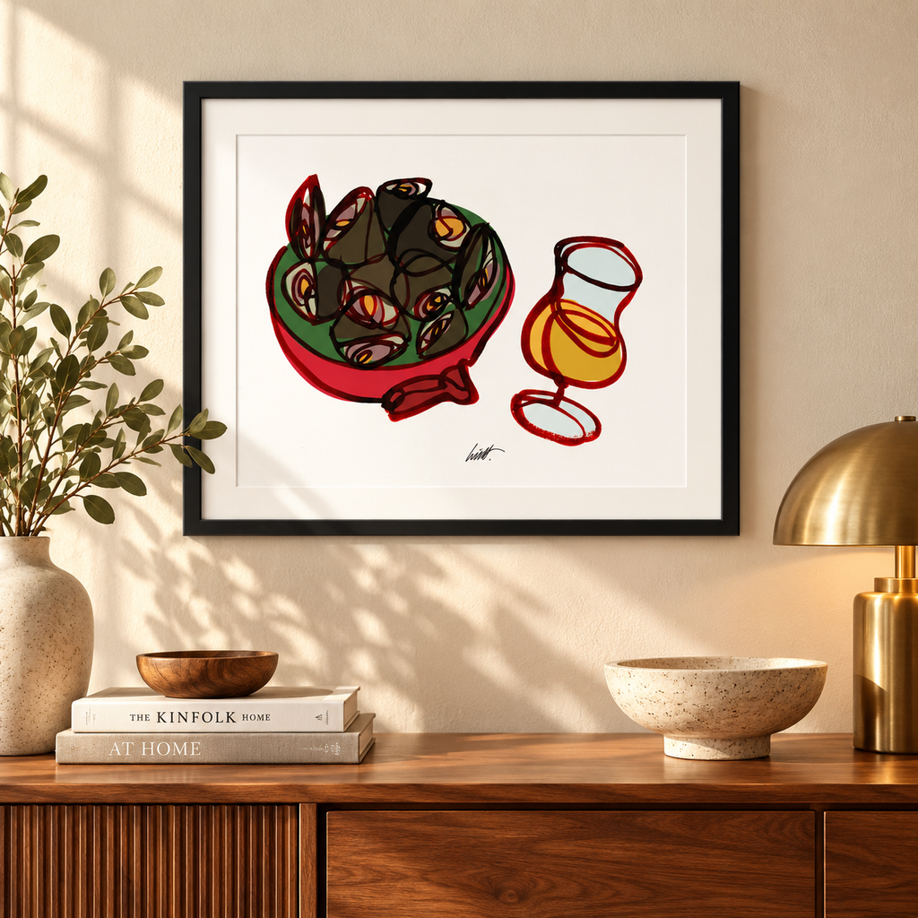 Mussels and Belgian Beer fine art print above a wood console