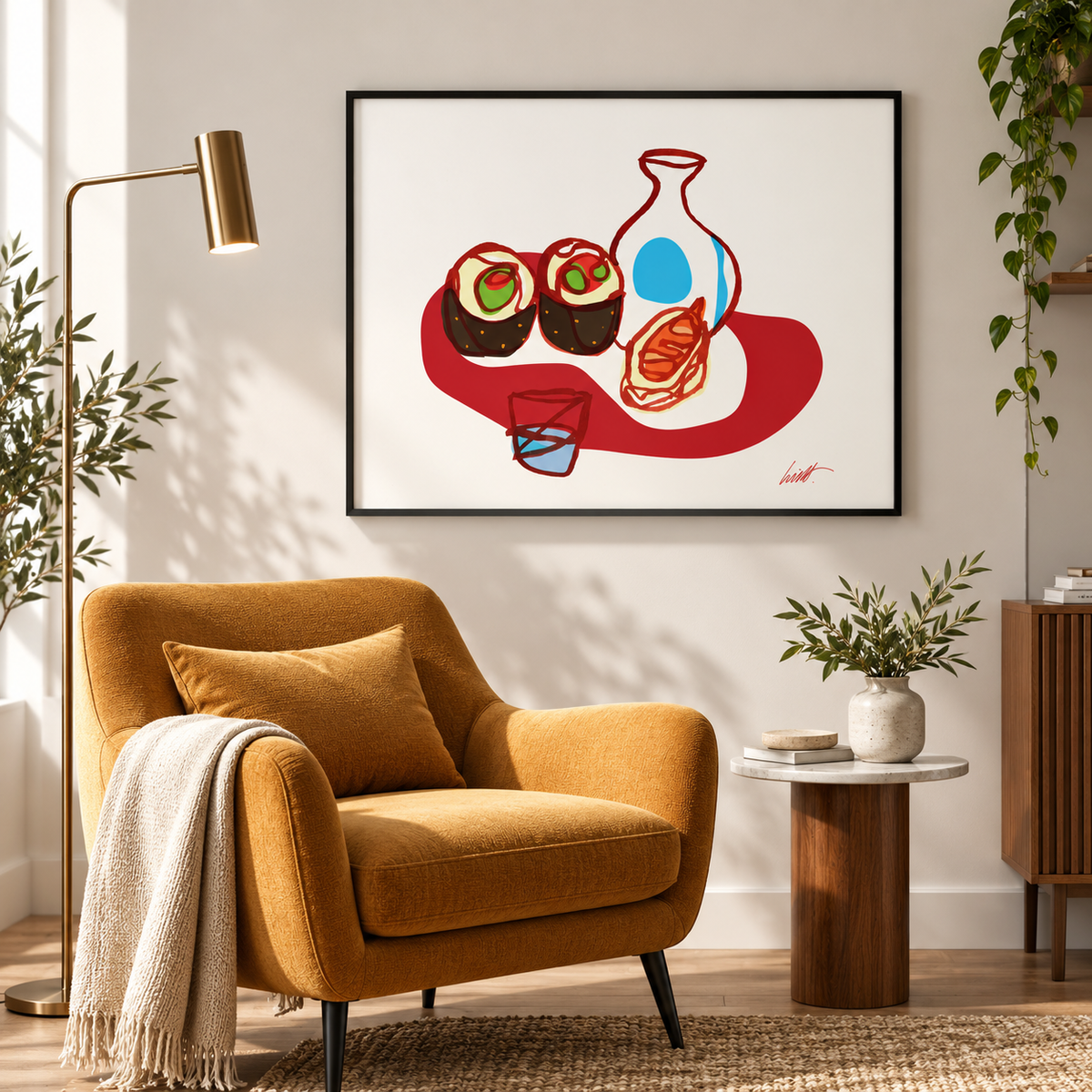 Sake and Sushi fine art print in a modern reading nook