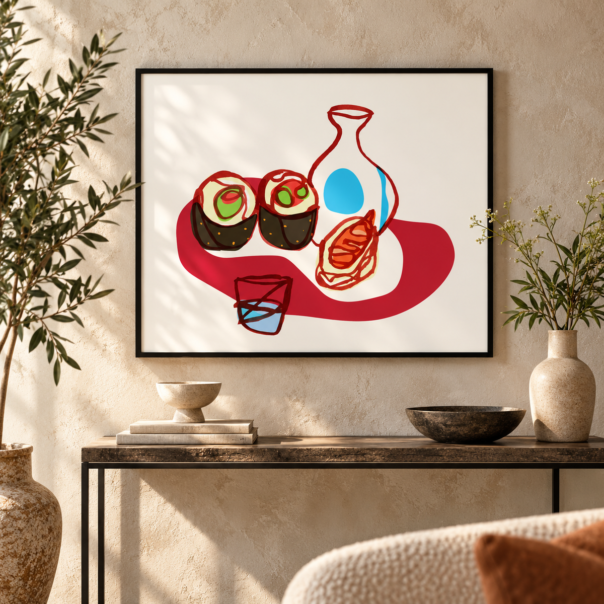 Sake and Sushi fine art print above a styled console table