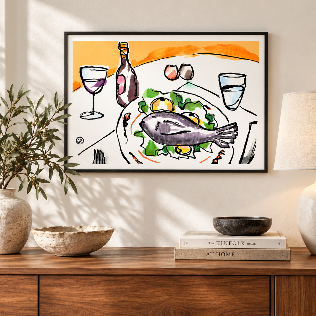 Still Life #106 fine art print above a wood console