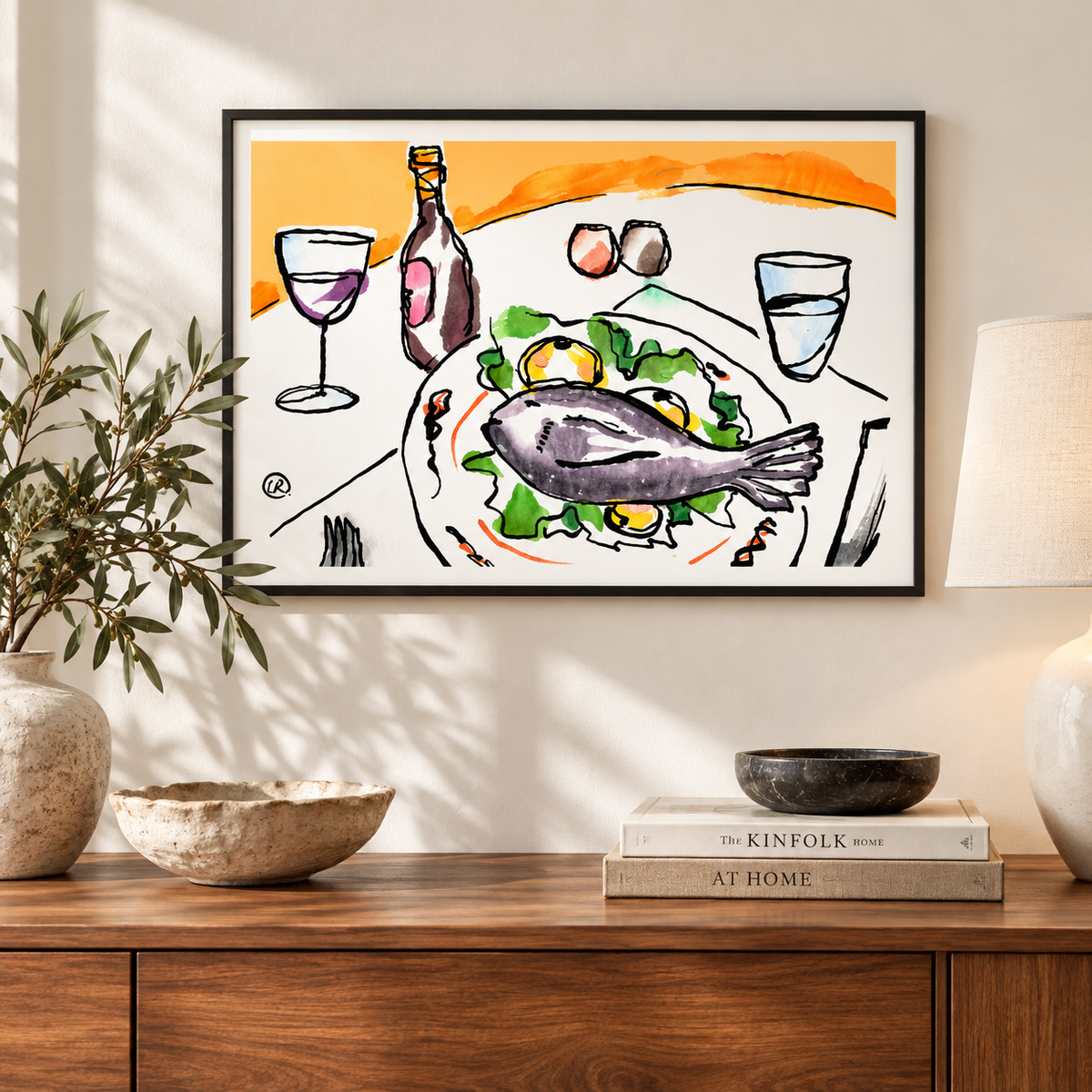 Still Life #106 fine art print above a wood console