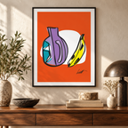 Still Life #8 fine art print above a wood console