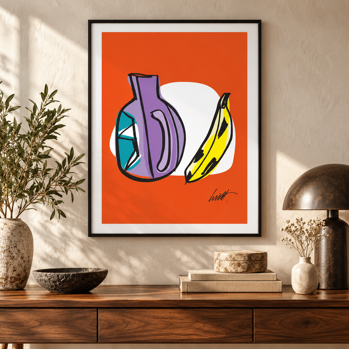 Still Life #8 fine art print above a wood console
