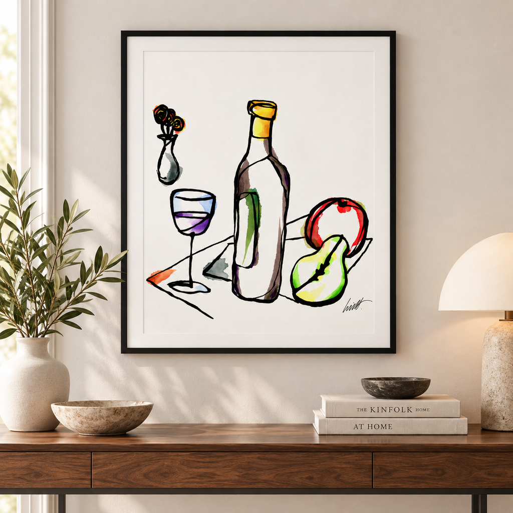 Still Life with Bottle, Pear and Apple fine art print above a wood console