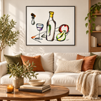 Still Life with Bottle, Pear and Apple fine art print in a modern living room