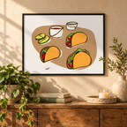 Tacos fine art print above a wood console
